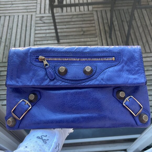 BALENCIAGA Agneau Giant 21 Rose Gold Hardware Envelope Clutch Bleu Lavande - Picture 1 of 14